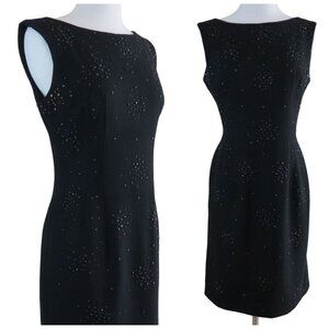 VINTAGE Women's 50s 60s Black Wool Cocktail Dress with Rhinestones & Studs